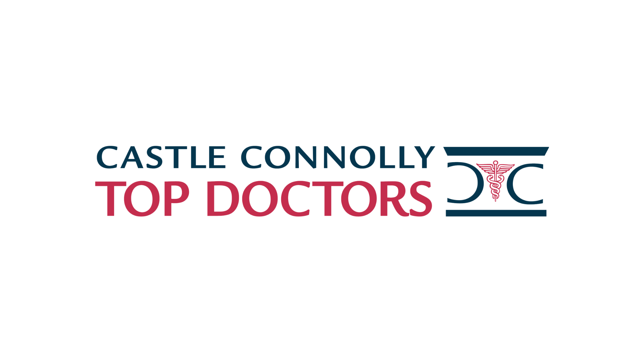 Logo of Castle Connolly Top Doctors, featuring text in blue and red with a medical caduceus symbol.