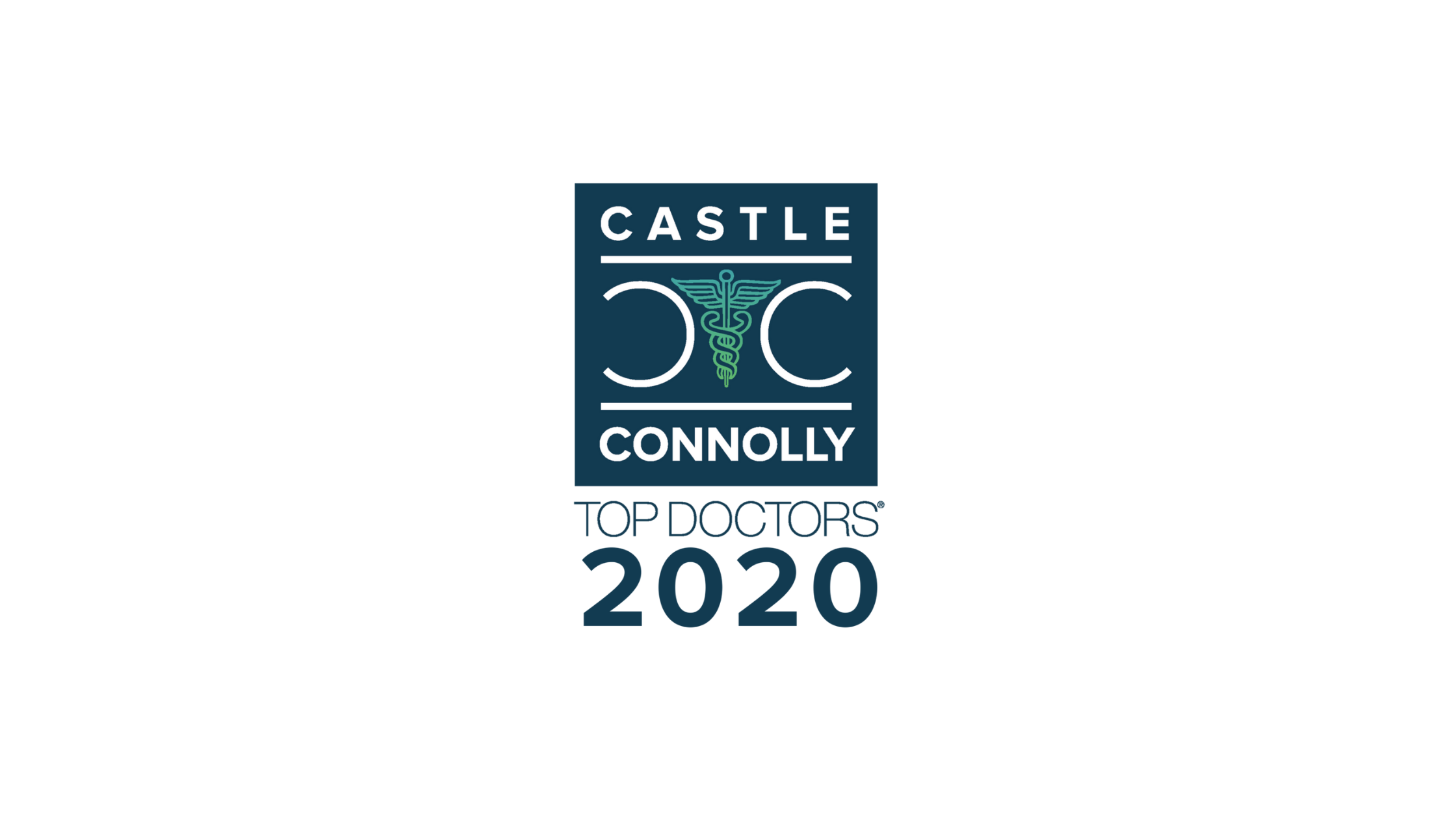 Castle Connolly Top Doctors 2020 logo with a blue background and a green caduceus symbol.