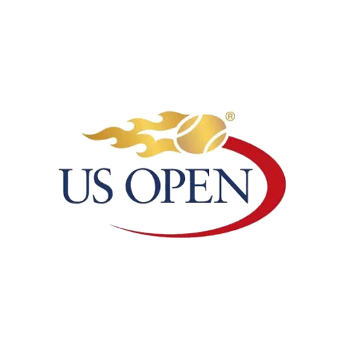 US Open Tennis Championship logo featuring a stylized yellow tennis ball with a flame and a red swoosh.