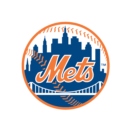 Mets logo with an orange baseball stitch border, blue city skyline, and white bridge, featuring "Mets" in orange script.