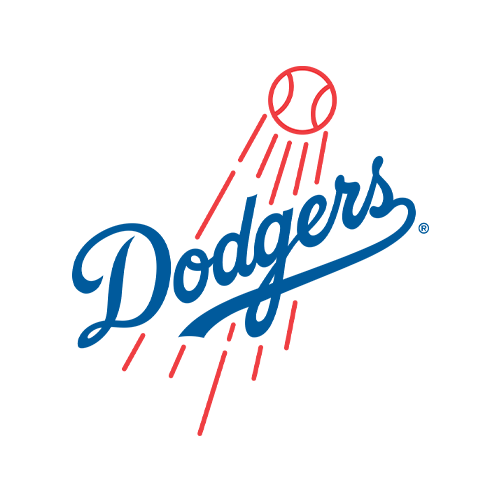 Blue abstract "Dodgers" text with a red baseball and streak lines above.